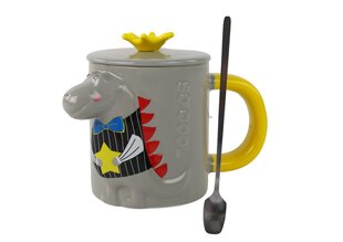 Детская керамическая чашка с ложкой и крышкой, динозавр, серая цена и информация | Стаканы, фужеры, кувшины | 220.lv