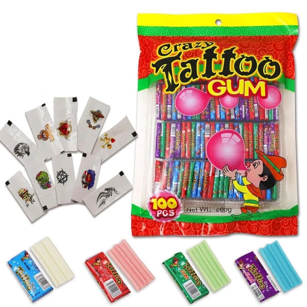 Košļājamā gumija Crazy Tattoo Gum, 2.5gx 100gab. cena un informācija | Saldumi | 220.lv
