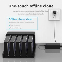 Orico savrupā cietā diska klonēšanas stacija, 5 nodalījumi, melns, 12 V, 6,5 A, melns cena un informācija | Adapteri un USB centrmezgli | 220.lv