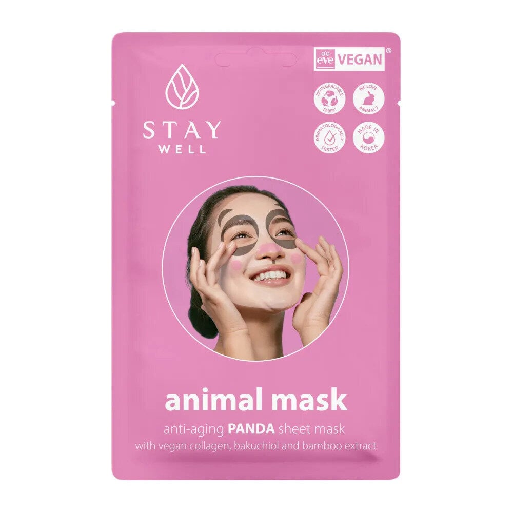 Pretnovecošanās lokšņu maska Stay Well Vegan Animal Mask Panda, 20 g cena un informācija | Sejas maskas, acu maskas | 220.lv