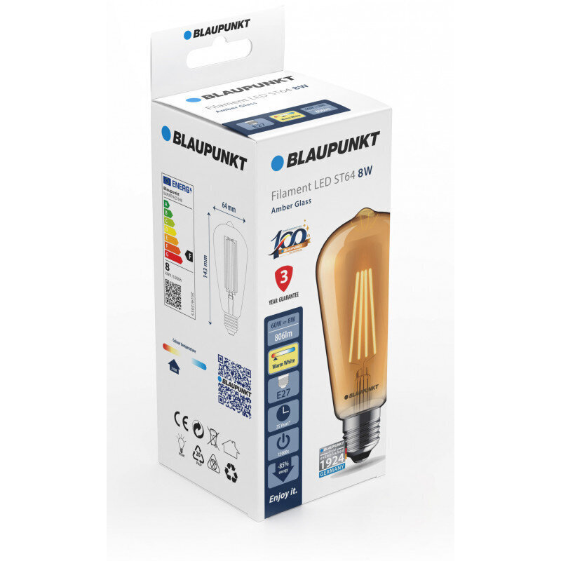 Blaupunkt LED spuldze E27 ST64 8W Dimmer, dzintara cena un informācija | Spuldzes | 220.lv