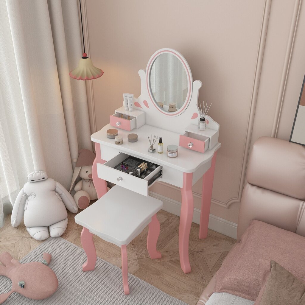Bērnu tualetes galdiņš ar spoguli un krēslu VG Line KS236-A, balts/rozā cena un informācija | Kosmētikas galdiņi | 220.lv