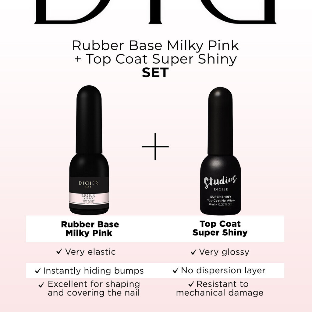 Komplekts Didier Lab Rubber Base, Milky Pink 10 ml+ Top Super Shiny 8 ml, 2 gab. cena un informācija | Nagu lakas, stiprinātāji | 220.lv