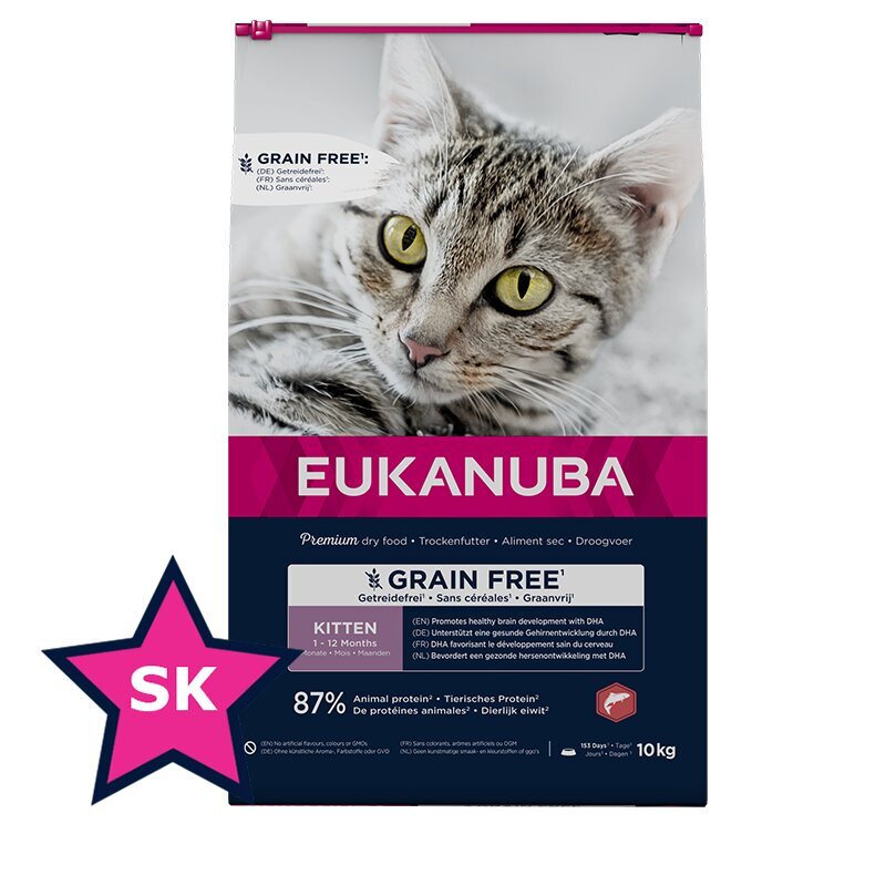Eukanuba Grain Free Kitten kaķēniem, ar lasi, 10 kg цена и информация | Sausā barība kaķiem | 220.lv