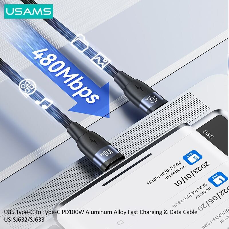 Usams U85 100W PD USB - C vads 2m cena un informācija | Savienotājkabeļi | 220.lv