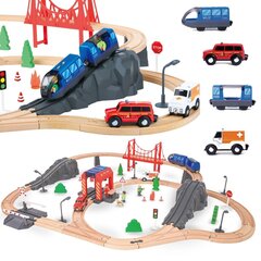 Koka vilciena komplekts - ugunsdzēsēju brigāde, sliedes, vagoni, tilti cena un informācija | Rotaļlietas zēniem | 220.lv