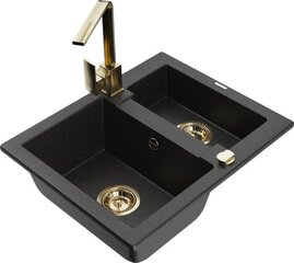 Granitinė virtuvinė plautuvė Mexen Carlos su maišytuvu ir sifonu, Metallic black/silver+Gold цена и информация | Раковины на кухню | 220.lv