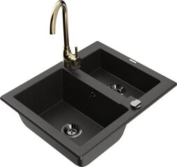 Granitinė virtuvinė plautuvė Mexen Carlos su maišytuvu ir sifonu, Metallic black/gold+Black цена и информация | Раковины на кухню | 220.lv