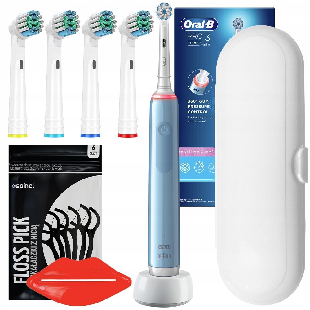 Oral-B Pro 3 3000 Sensitive Clean Blue zobu birste + 4 precīzijas rezerves daļas + futrālis cena un informācija | Elektriskās zobu birstes | 220.lv