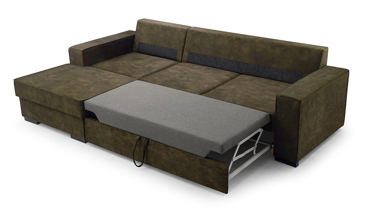 Stūra dīvāns LOTI - neliels L-veida mīkstināts stūris ar guļamvietu un gultas pamatni 265x165 (krāsa: olīvu zaļa, otomāns: kreisais) cena un informācija | Stūra dīvāni | 220.lv
