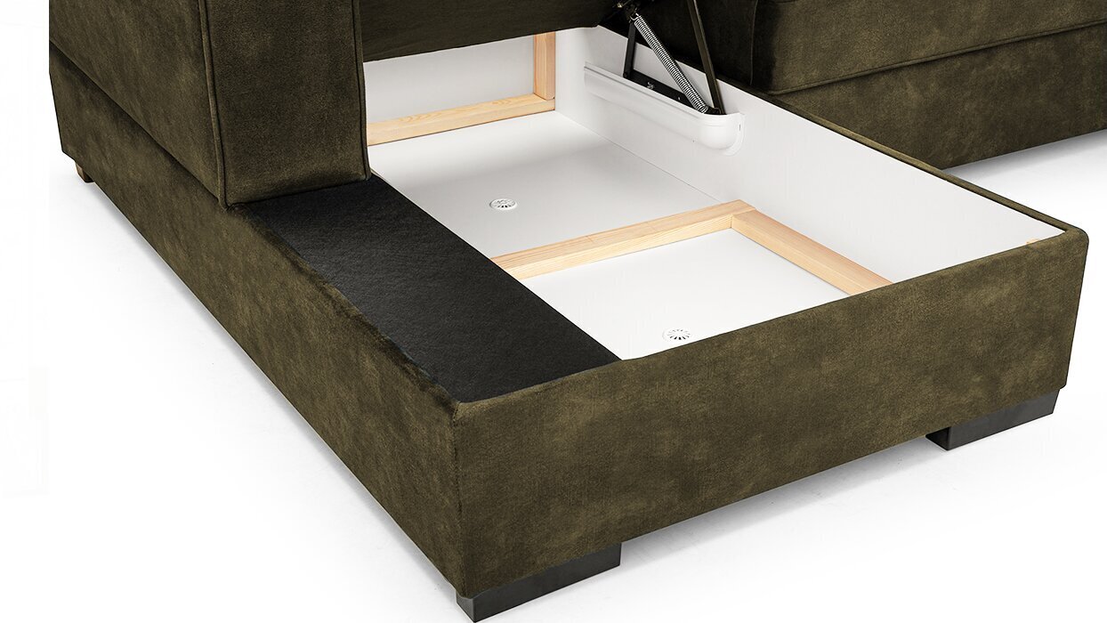 Stūra dīvāns LOTI - neliels L-veida mīkstināts stūris ar guļamvietu un gultas pamatni 265x165 (krāsa: olīvu zaļa, otomāns: kreisais) cena un informācija | Stūra dīvāni | 220.lv