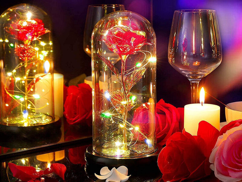 Mūžīgā roze stiklā ar LED gaismu, sarkans zelts cena un informācija | Stabilizētās rozes, augi | 220.lv