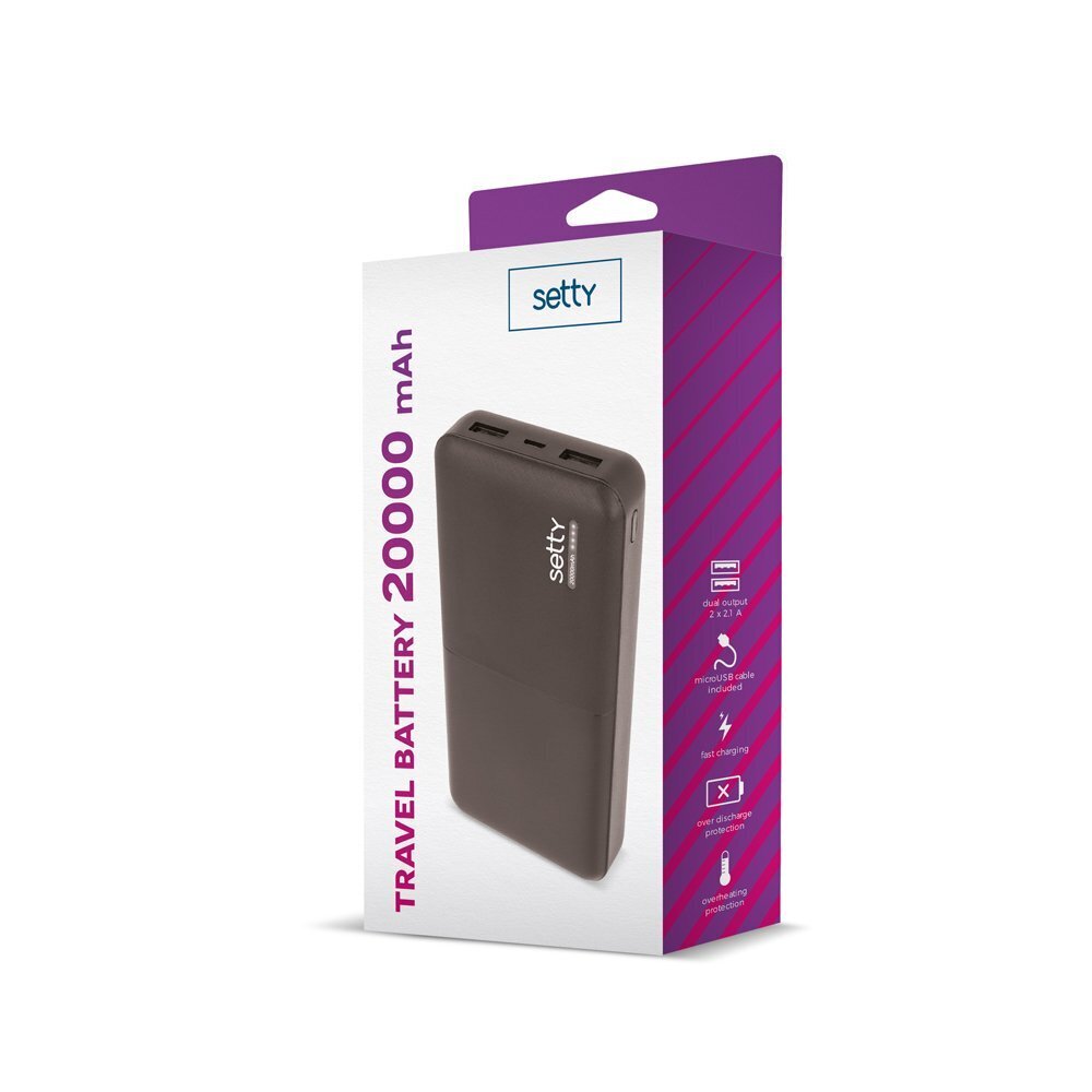 Setty Power Bank 20000mAh Universāla Ārējas uzlādes baterija 5V 1,5 A + Micro USB Kabelis Melns cena un informācija | Lādētāji-akumulatori (Power bank) | 220.lv