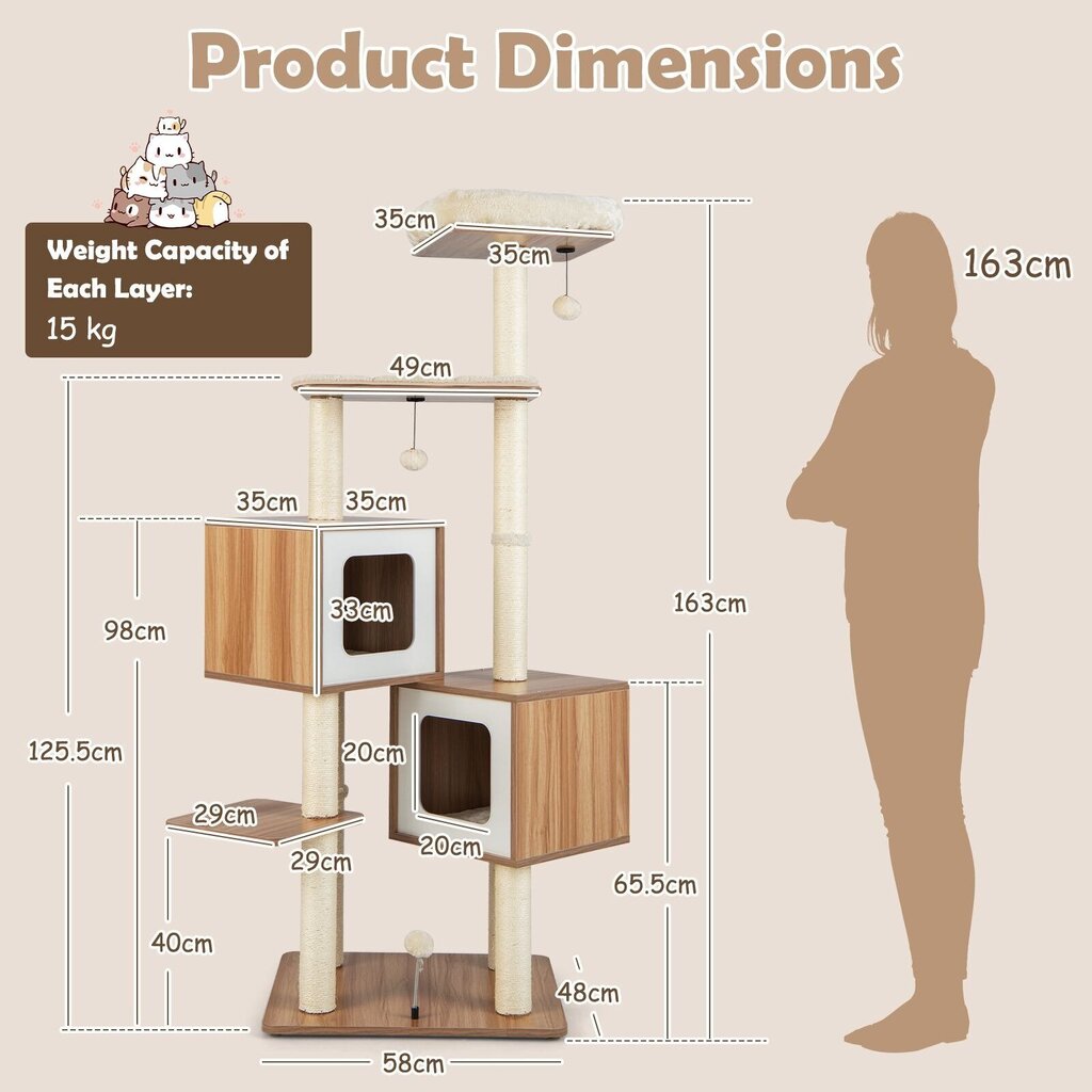 Koka kaķu māja Costway, 163 cm цена и информация | Kaķu mājas, nagu asināmie | 220.lv