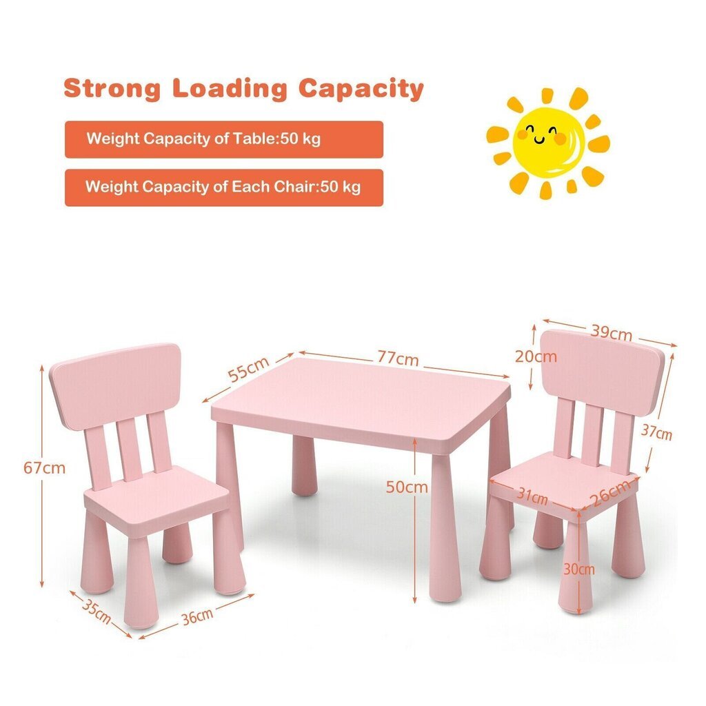 Bērnu galds ar 2 krēsliem Costway, rozā цена и информация | Bērnu krēsliņi un bērnu galdiņi | 220.lv