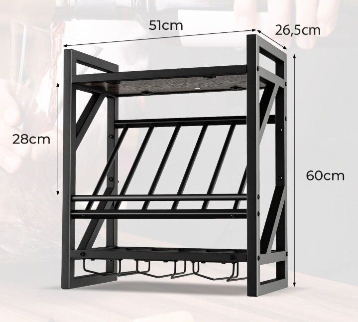 Costway sienas plaukts vīnam un glāzēm, melns цена и информация | Plaukti | 220.lv