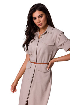 B258 Платье-рубашка с карманами и поясом - бежевый цена и информация | Платья | 220.lv