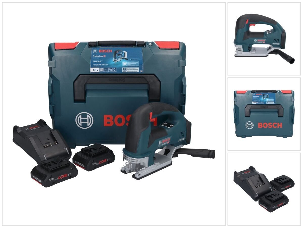 Bosch GST 18V-155 BC bezvadu finierzāģis 18 V 135 mm 06015B1002 + 2x ProCORE akumulators 4,0 Ah + lādētājs + L-Boxx cena un informācija | Zāģi, ripzāģi | 220.lv