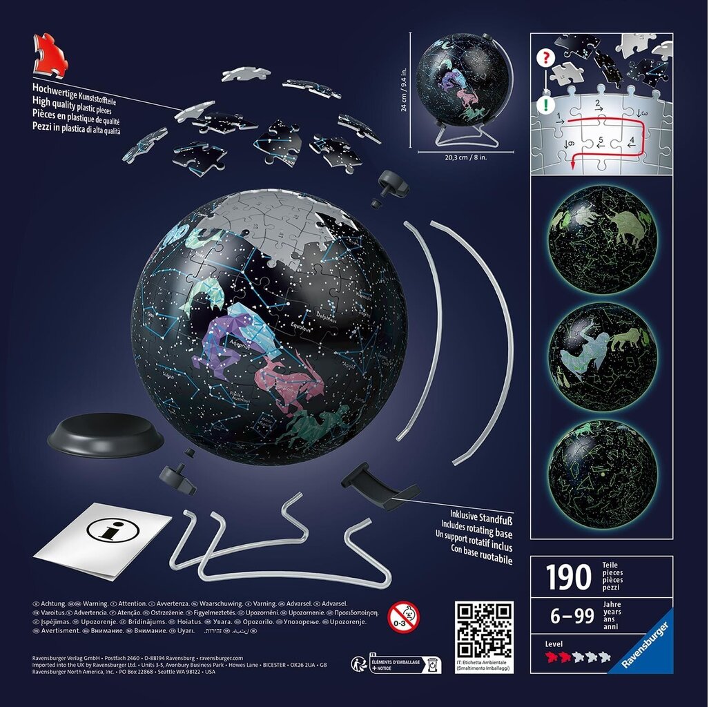 Ravensburger 11544 3D Puzle Tumšā mīrdzošs zvaigžņu globuss 190 gab. cena un informācija | Puzles, 3D puzles | 220.lv