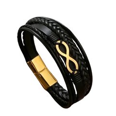 Высококачественный кожаный браслет с символом бесконечности, черный и золотой цена и информация | Браслеты | 220.lv