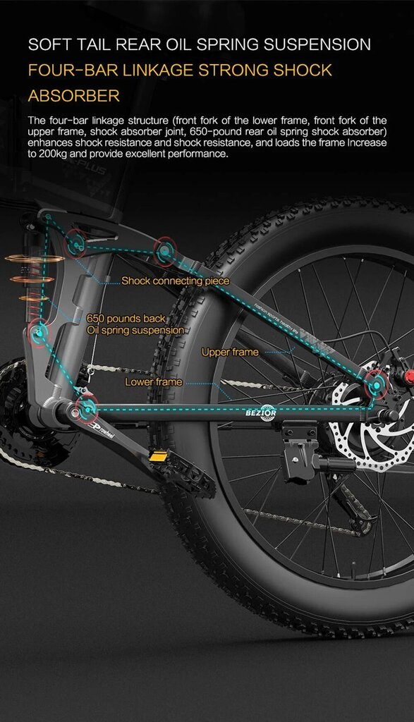 Elektriskais velosipēds Bezior X Plus, 26", melns, 1000W, 17,5Ah cena un informācija | Elektrovelosipēdi | 220.lv