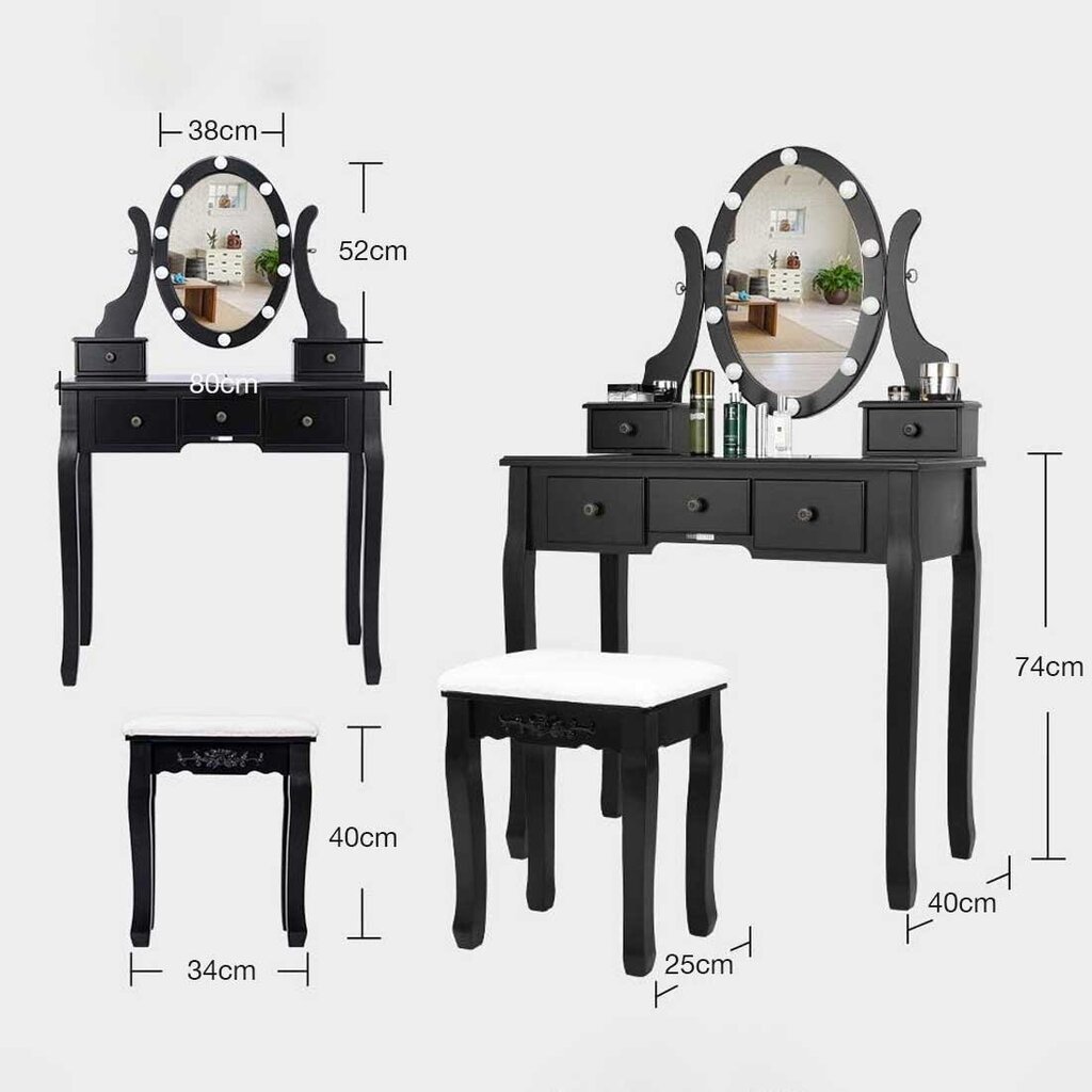 Kosmētiskais galdiņš KS165 ar mīkstu soliņu, melns цена и информация | Kosmētikas galdiņi | 220.lv