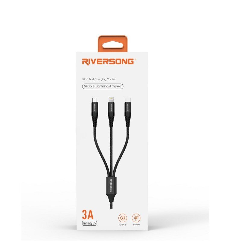 Riversong kabelis 3in1 Infinity 05 USB — Lightning + USB-C + microUSB 1,0 m melns C58 cena un informācija | Savienotājkabeļi | 220.lv