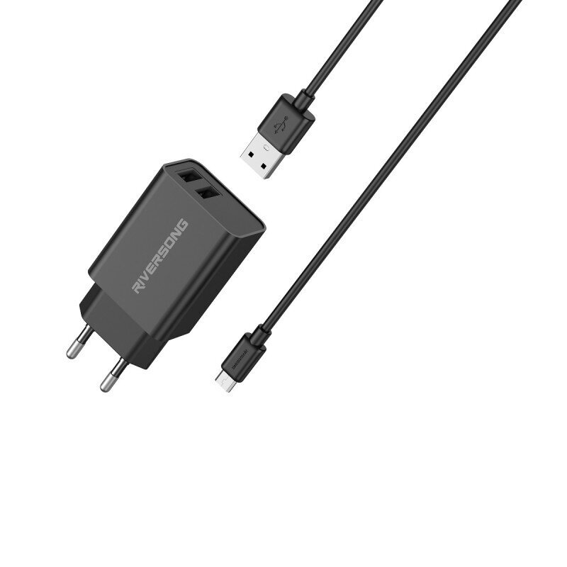 Riversong sienas lādētājs SafeKub D2 2x USB 12W melns + kabelis USB - microUSB AD29 + CM85 cena un informācija | Lādētāji un adapteri | 220.lv