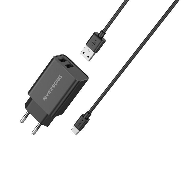 Riversong sienas lādētājs SafeKub D2 2x USB 12W melns + kabelis USB - USB-C AD29 + CT85 cena un informācija | Lādētāji un adapteri | 220.lv