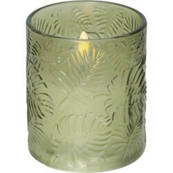 LED vaska svece zaļā stikla glāzē 8,5x10cm 2xAA Flamme Leaf 061-71 cena un informācija | Sveces un svečturi | 220.lv