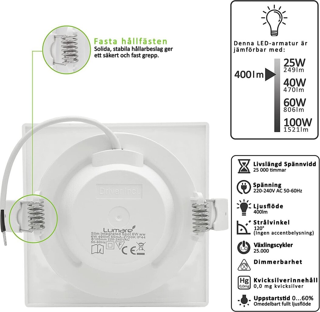 LED padziļināti prožektori Lumare, 6gab, 6W, 230V, 400LM, balts cena un informācija | Iebūvējamās lampas, LED paneļi | 220.lv