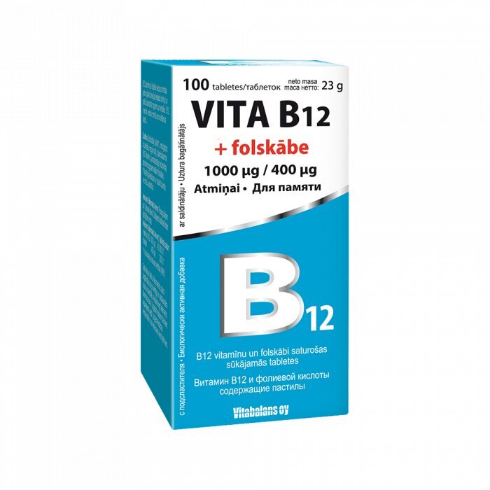 Uztura bagātinātājs Vita B12 1000mcg+ folskābe 400mcg, 100tabletes cena un informācija | Vitamīni, preparāti, uztura bagātinātāji labsajūtai | 220.lv