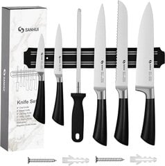 Набор кухонных ножей с магнитным держательем и точилкой SANHUI, 7 предметов, серебристый/черный цена и информация | Ножи и аксессуары для них | 220.lv