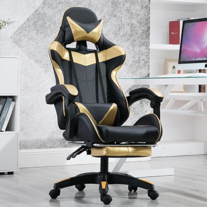 Spēļu krēsls ar kāju, melns un zelts cena un informācija | Biroja krēsli | 220.lv