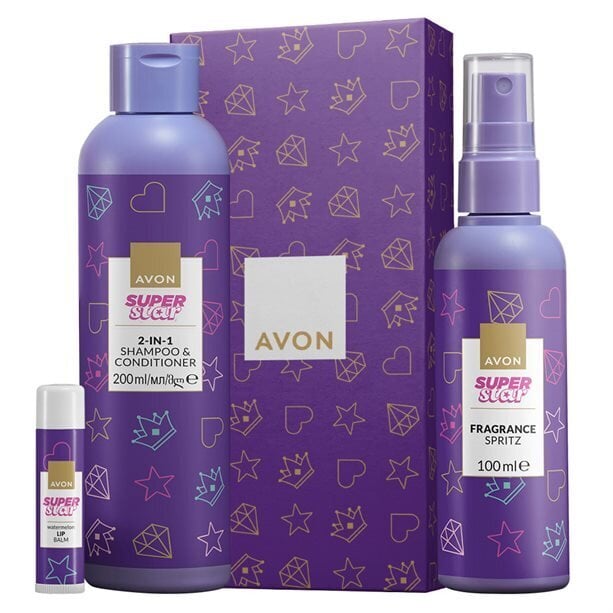 Avon Super Star dāvanu komplekts meitenēm: ķermeņa atsvadzinātājs, 100 ml + šampūns un kondicionieris, 200 ml + lūpu balzams, 4g cena un informācija | Bērnu kosmētika, līdzekļi jaunajām māmiņām | 220.lv