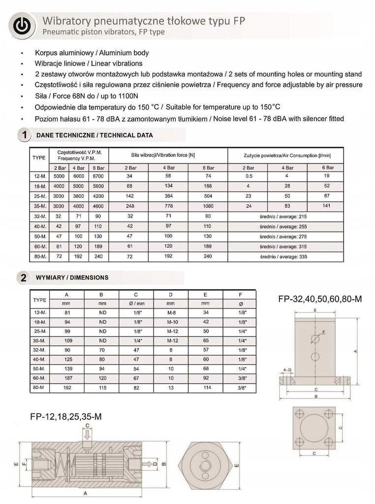 Pneimatiskais virzuļu vibrators - FP-40-M modelis cena un informācija | Rokas instrumenti | 220.lv