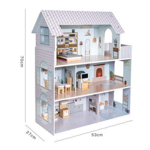 Koka leļļu māja ar 11 mēbelēm, zila цена и информация | Rotaļlietas meitenēm | 220.lv