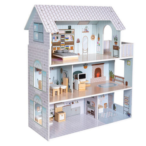 Koka leļļu māja ar 11 mēbelēm, zila cena un informācija | Rotaļlietas meitenēm | 220.lv