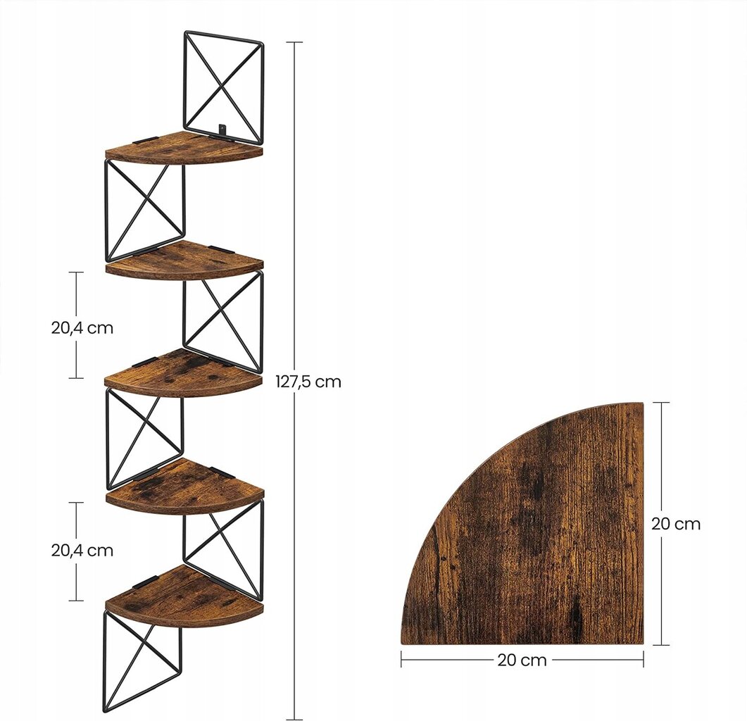 Stūra plaukts Songmics Vasagle Loft, 20x127,5x20 cm, brūns цена и информация | Plaukti | 220.lv