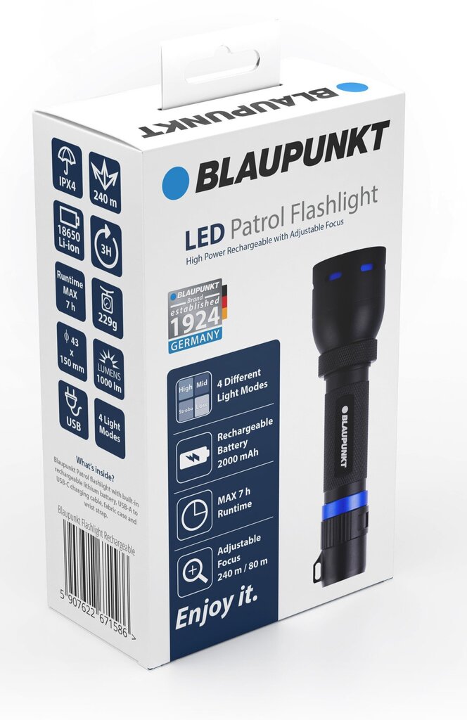 Blaupunkt lukturītis LED Patrol 1000lm IPX4 Natural 10W 4000K cena un informācija | Lukturi un prožektori | 220.lv