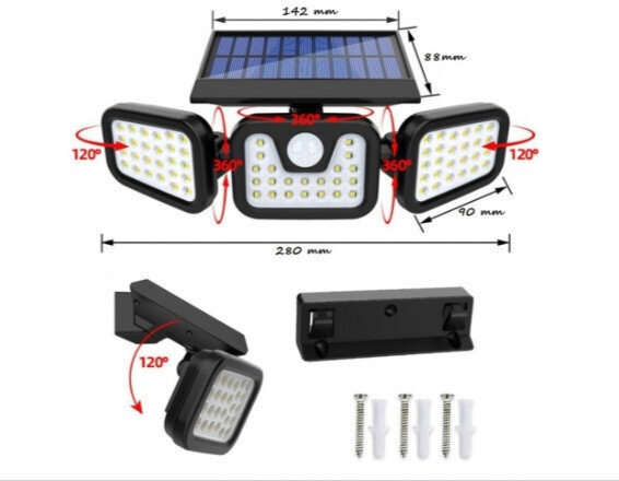 Trīskārša LED saules lampa ar kustības un krēslas sensoru KX4995, dzeltena/balta цена и информация | Āra apgaismojums | 220.lv