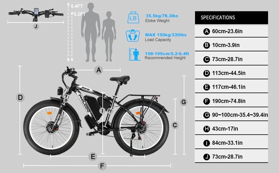 Elektriskais velosipēds Philodo H8 AWD, 26", melns цена и информация | Elektrovelosipēdi | 220.lv