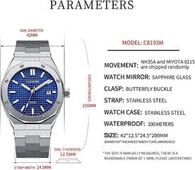 Cadisen Automatic Clock Men Men Sapphire Glass 100 М водонепроницаемые наручные часы (синяя решетка) B099YQ7C4J цена и информация | Мужские часы | 220.lv