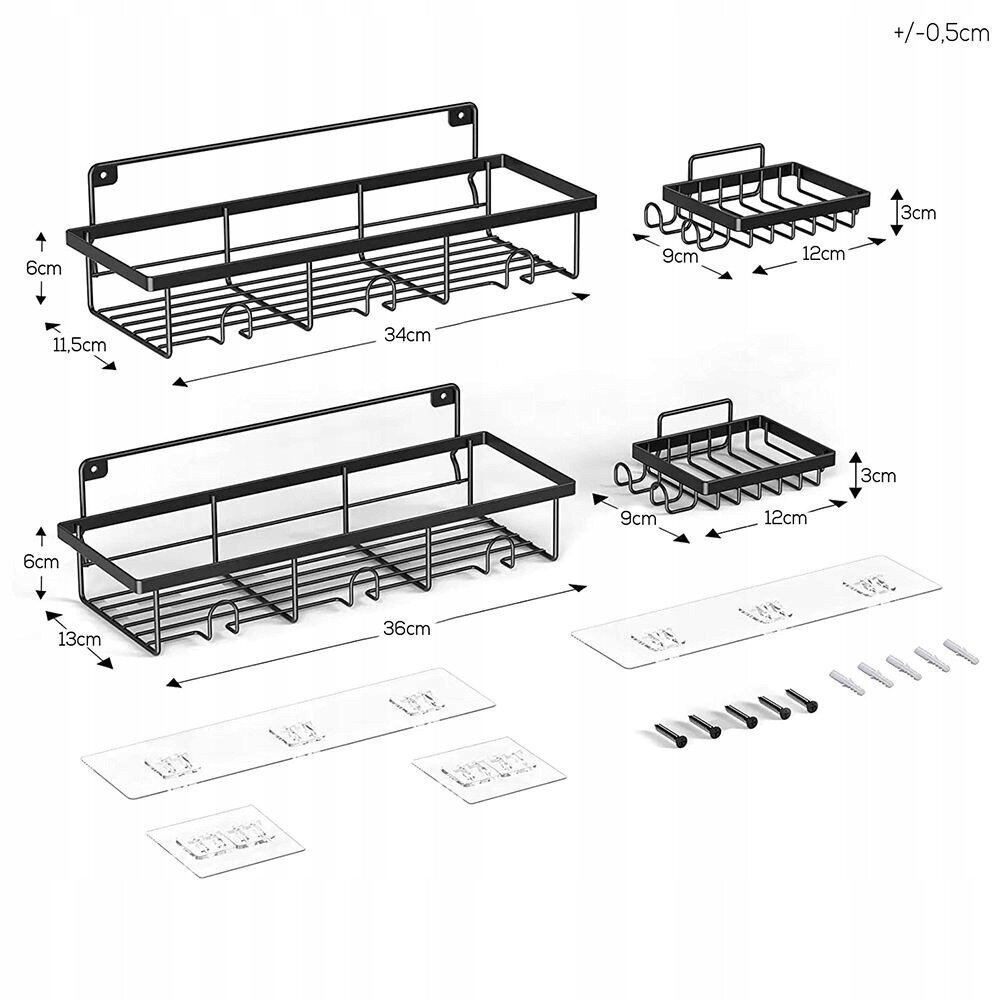 Dušas plaukts, melns metāls, līmsiena 4x цена и информация | Vannas istabas mēbeļu komplekti | 220.lv