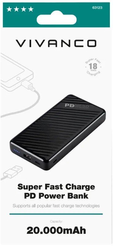 Vivanco jaudas banka 20000mAh Super Fast PD 18W (63123) cena un informācija | Lādētāji-akumulatori (Power bank) | 220.lv