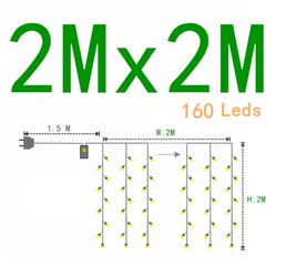 Virteņu aizkars, 160 LED 2x2 m, balts cena un informācija | Ziemassvētku lampiņas, LED virtenes | 220.lv