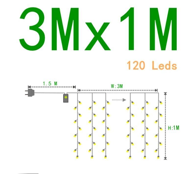 Virteņu aizkars, 120 LED 3x1 m, silti balta cena un informācija | Ziemassvētku lampiņas, LED virtenes | 220.lv