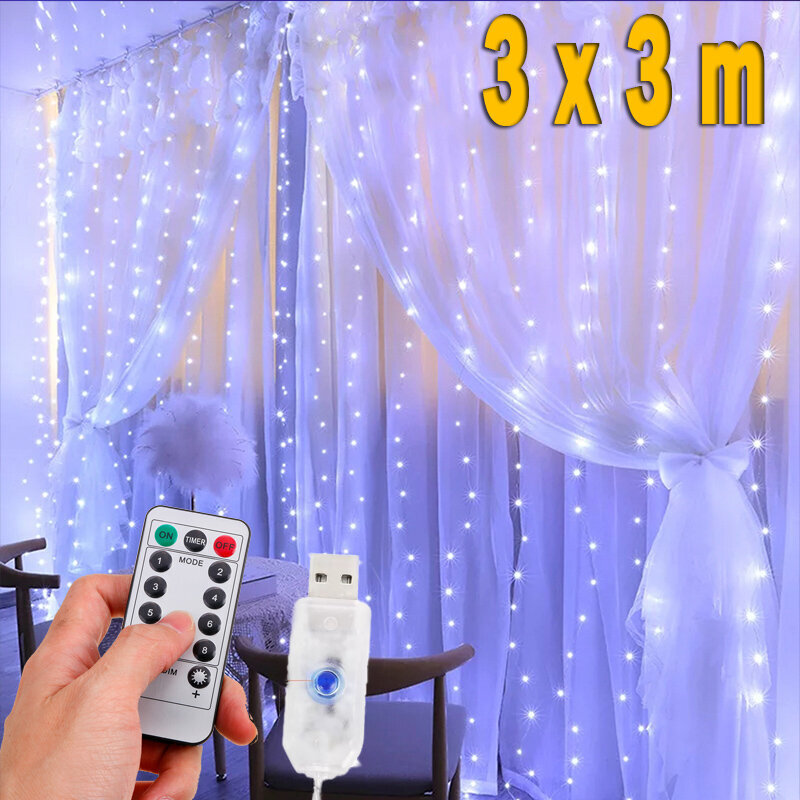 LED lenta, vītne aizkars Ziemassvētkiem, aizkars ar USB vadības pulti, balta krāsa, 3 m x 3 m cena un informācija | Ziemassvētku lampiņas, LED virtenes | 220.lv