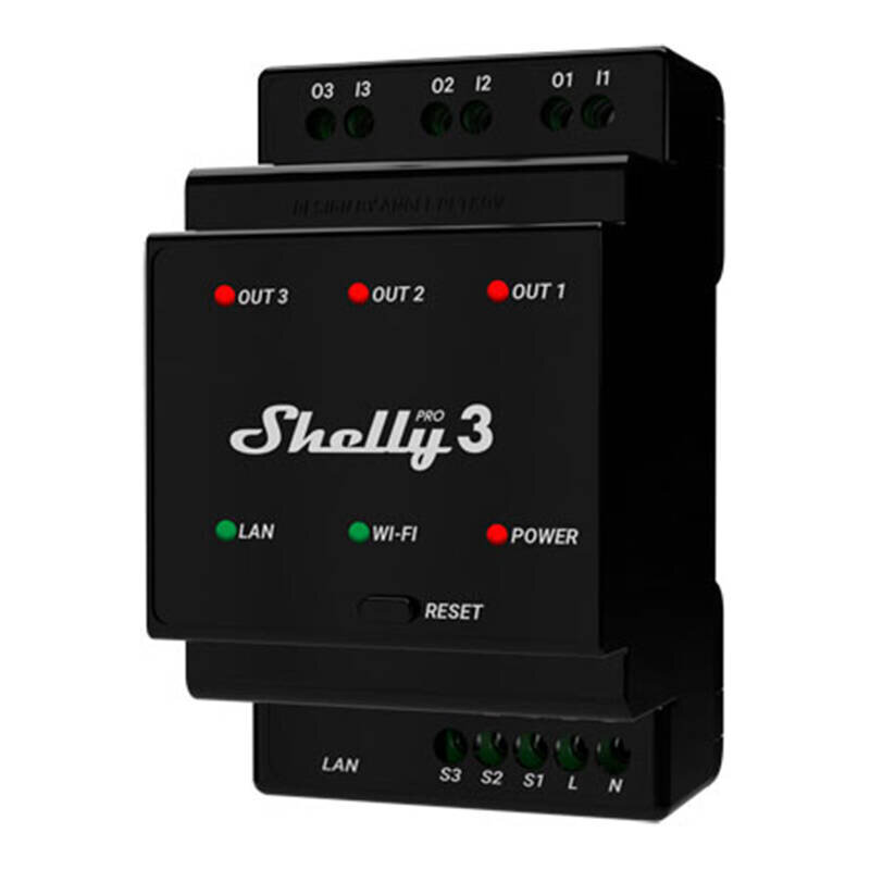 DIN Rail Smart Switch Pro 3 ar sausiem kontaktiem, 3 kanāli Shelly cena un informācija | Elektrības slēdži, rozetes | 220.lv