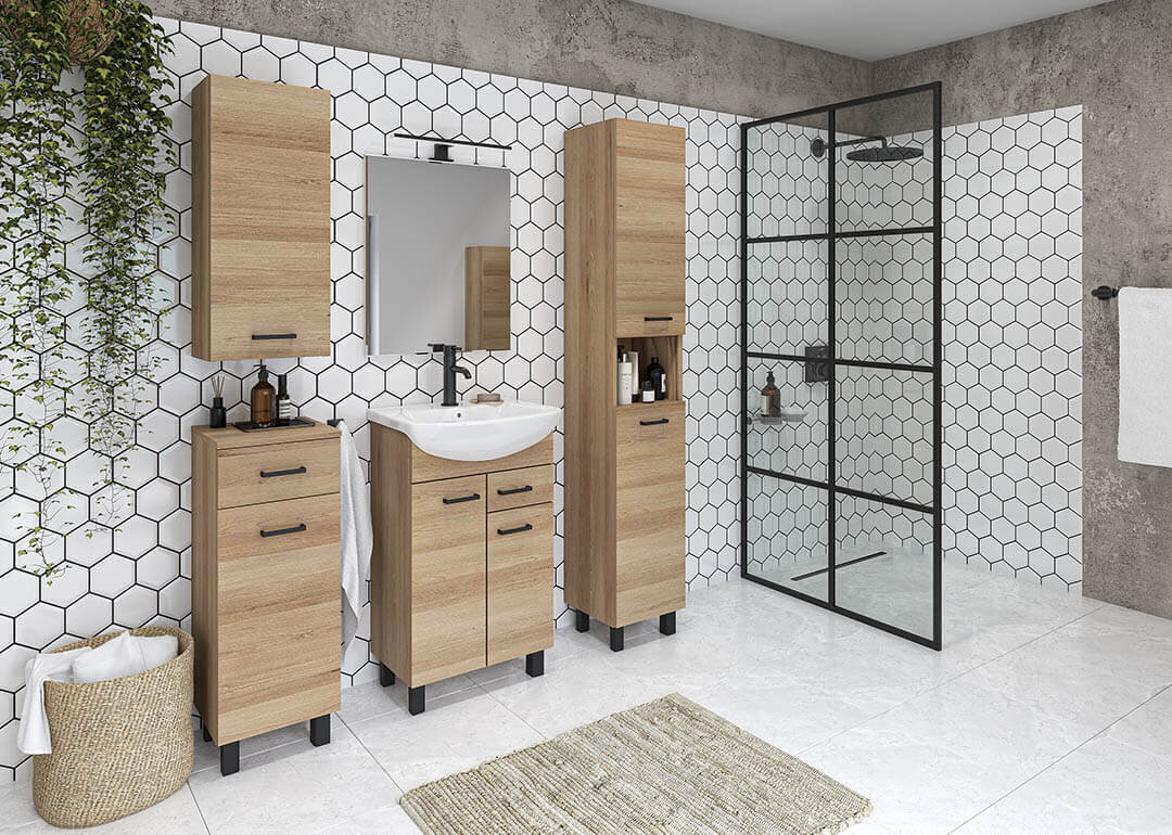 Piekarināms 2 durvju vannas istabas skapis Novelty A50, dižskābarža krāsa, melni rokturi cena un informācija | Vannas istabas skapīši | 220.lv
